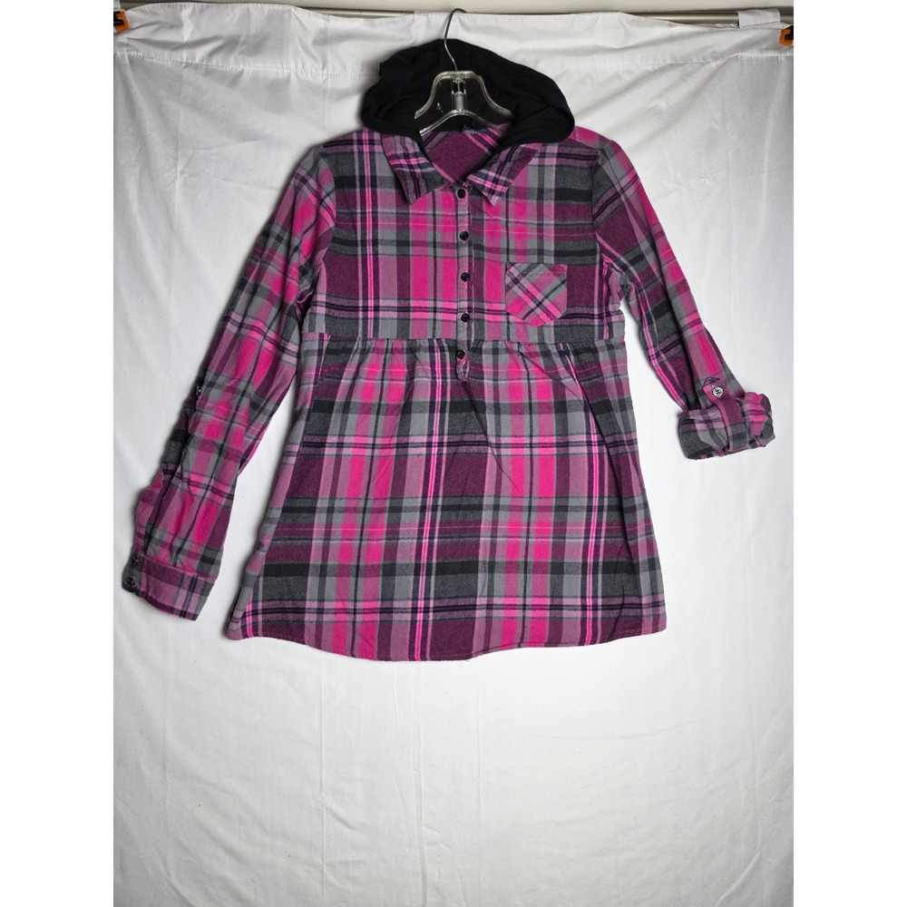 Faded Glory Pink Plaid Hooded Flannel Shirt Girls XL 14-16 Babydoll Cotton Top